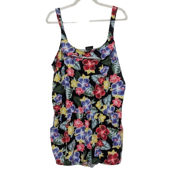 Vintage Y2K Floral Romper Womens Size Medium Large Black Hawaiian Sleeveless - Picture 1 of 10